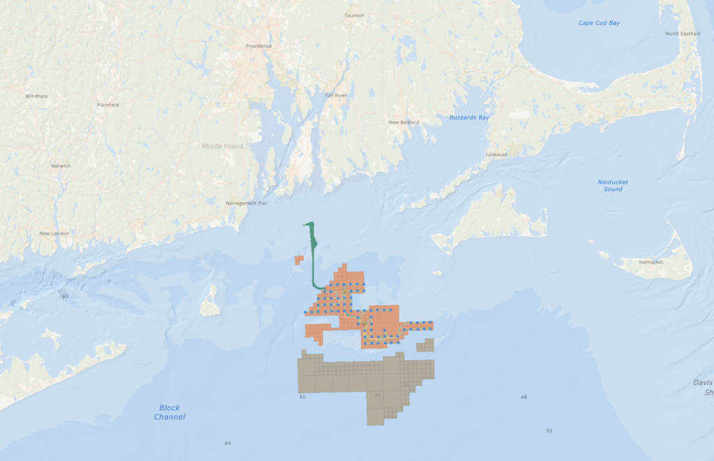 Map of the active offshore wind areas in southern New England.